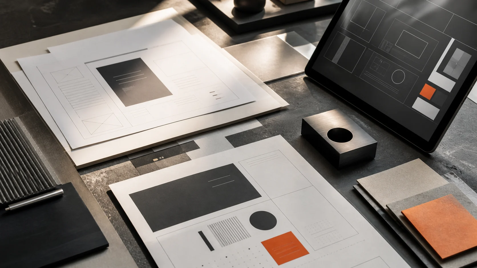 Conceptual editorial still life of wireframe sheets, material swatches, and an abstract interface display on a digital studio workbench